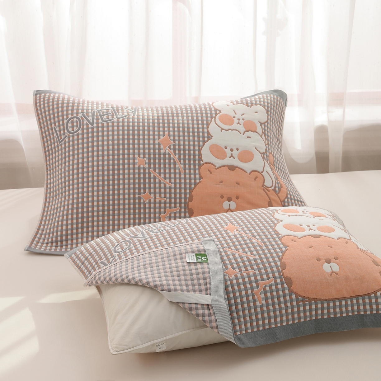 91家纺网 家纺一手货源 找家纺 娇兰毛巾 2026新款全棉抗菌纱布加双绑带枕巾 灰猫