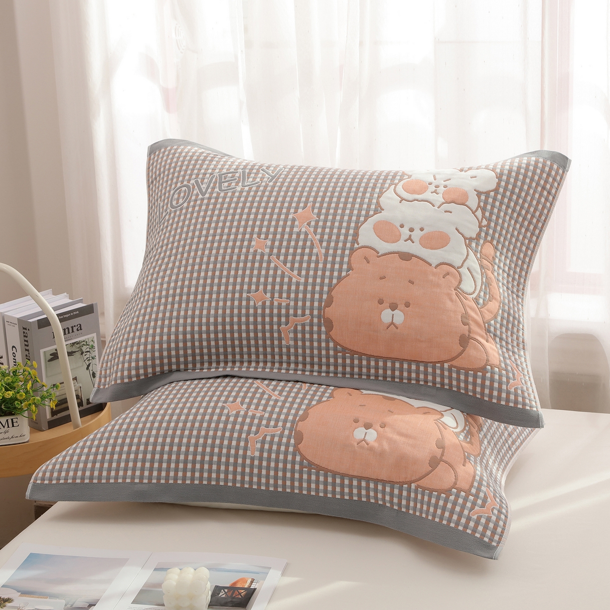 娇兰毛巾 2026新款全棉抗菌纱布加双绑带枕巾 灰猫