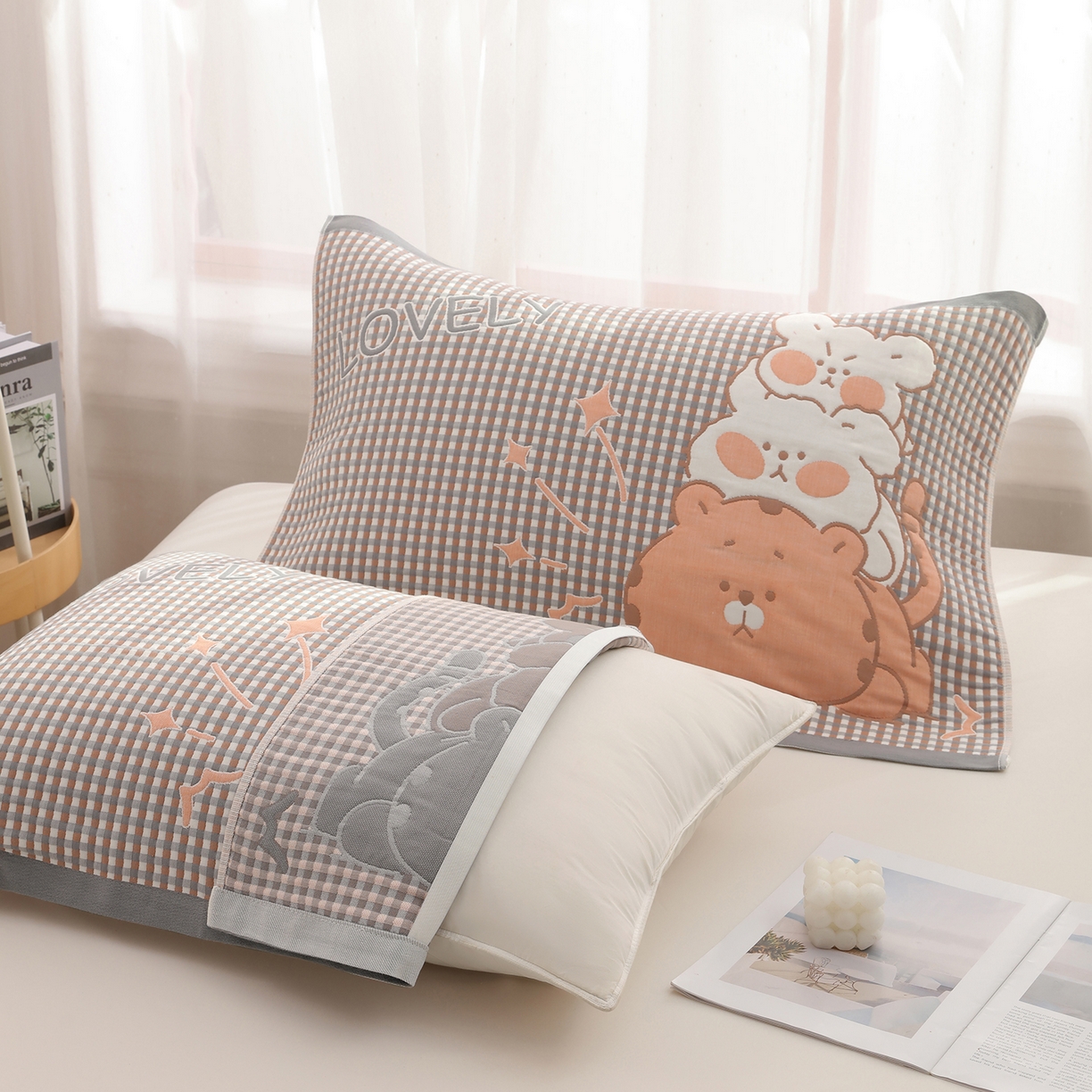 91家纺网 家纺一手货源 找家纺 娇兰毛巾 2026新款全棉抗菌纱布加双绑带枕巾 灰猫