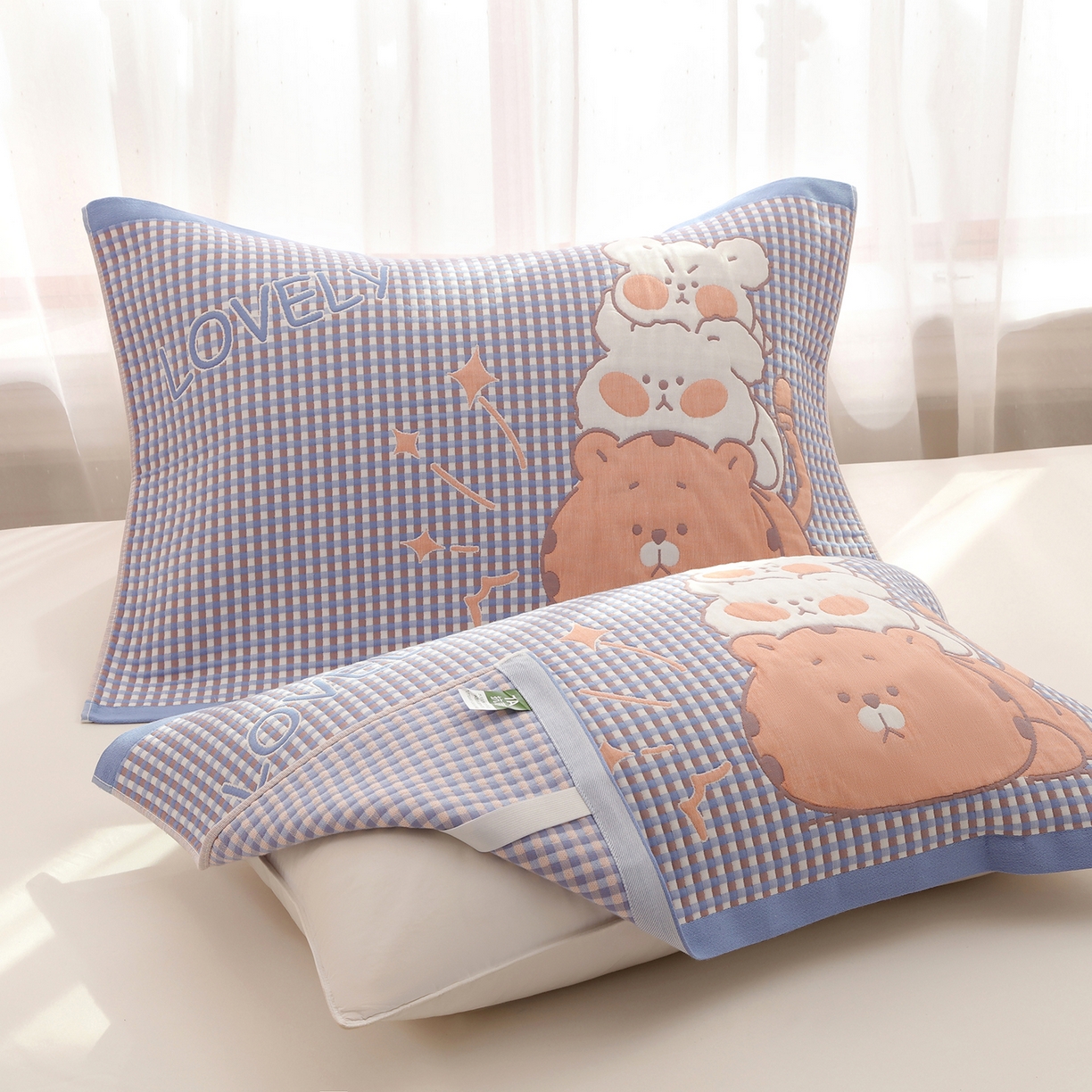 91家纺网 家纺一手货源 找家纺 娇兰毛巾 2026新款全棉抗菌纱布加双绑带枕巾 蓝猫