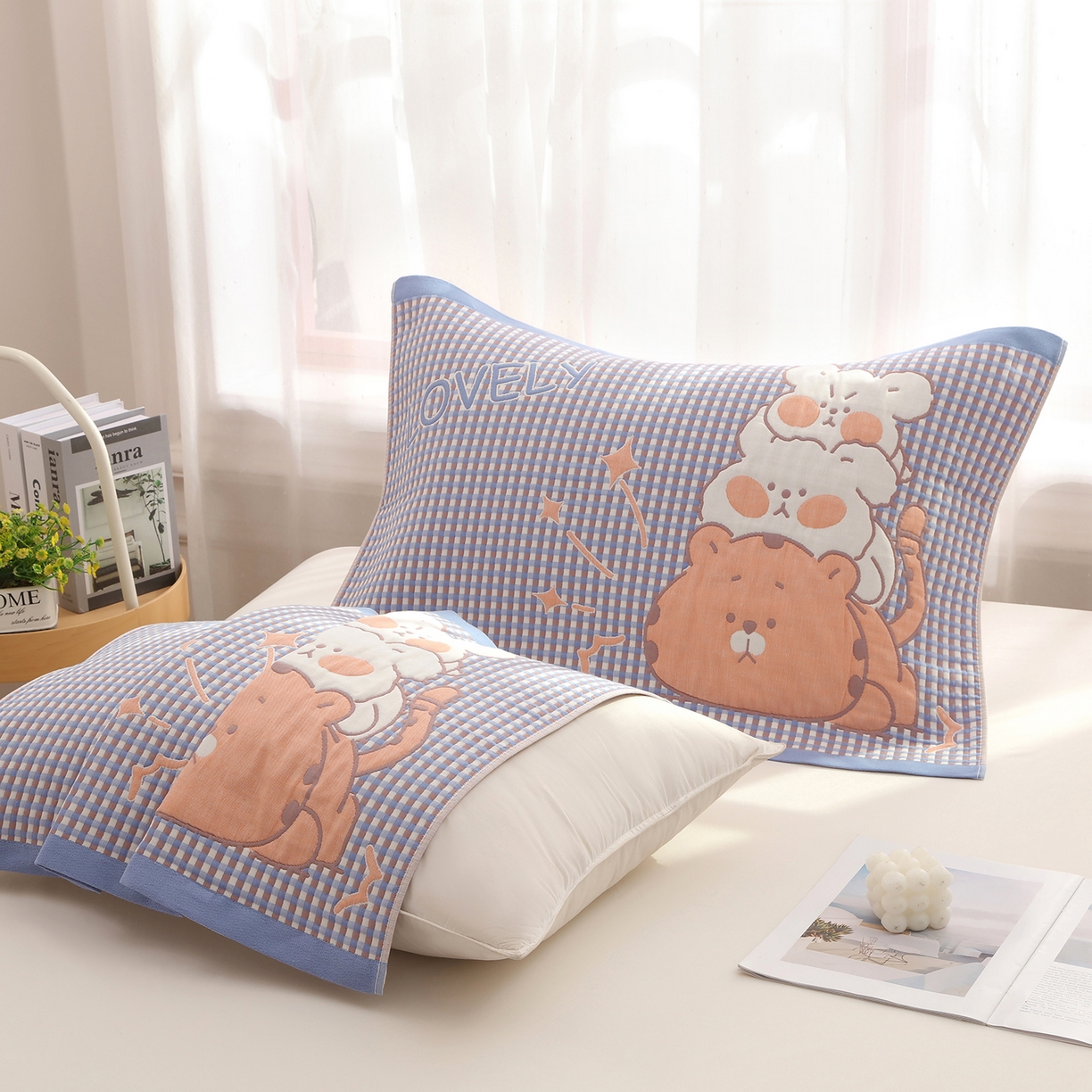 91家纺网 家纺一手货源 找家纺 娇兰毛巾 2026新款全棉抗菌纱布加双绑带枕巾 蓝猫