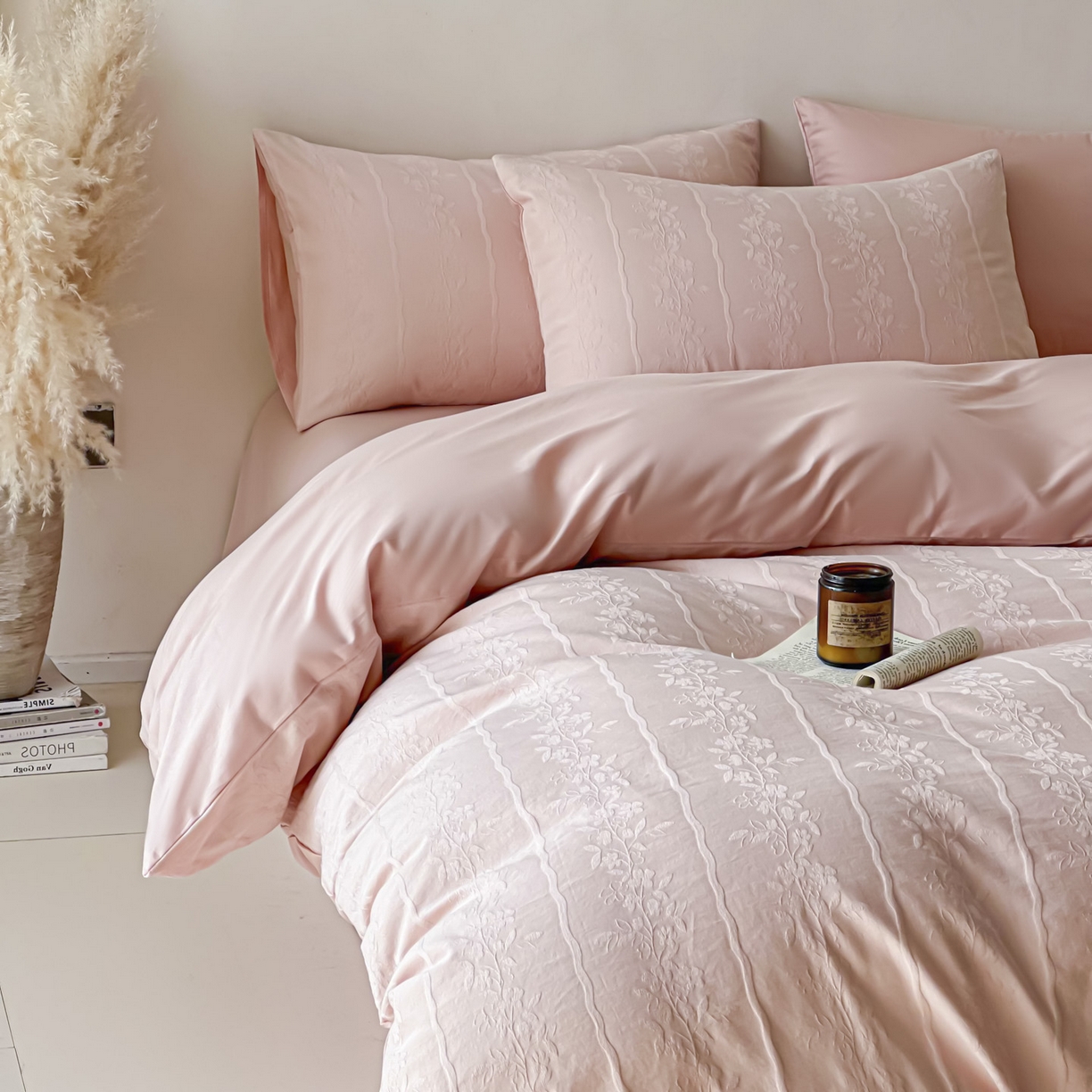 91家纺网 家纺一手货源 找家纺 眠博士 2026新款全棉纯棉水洗立体提花四件套 花间梦-粉