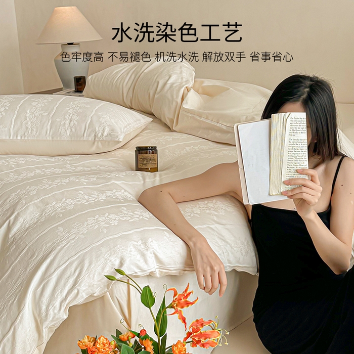 91家纺网 家纺一手货源 找家纺 眠博士 2026新款全棉纯棉水洗立体提花四件套 花间梦-奶白
