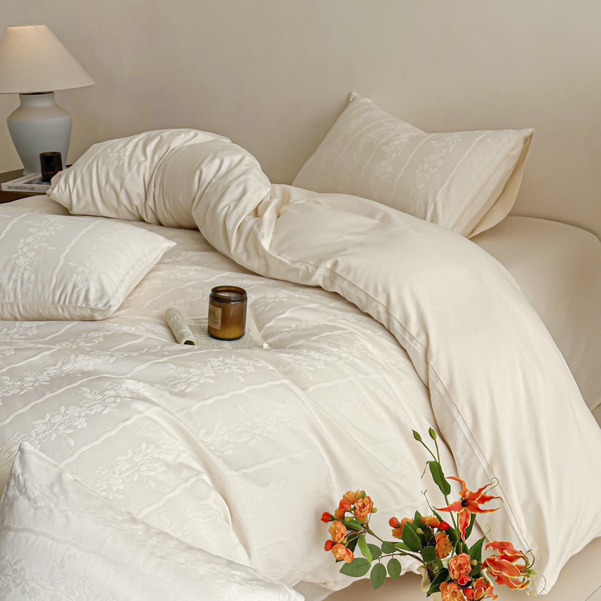 91家纺网 家纺一手货源 找家纺 眠博士 2026新款全棉纯棉水洗立体提花四件套 花间梦-奶白