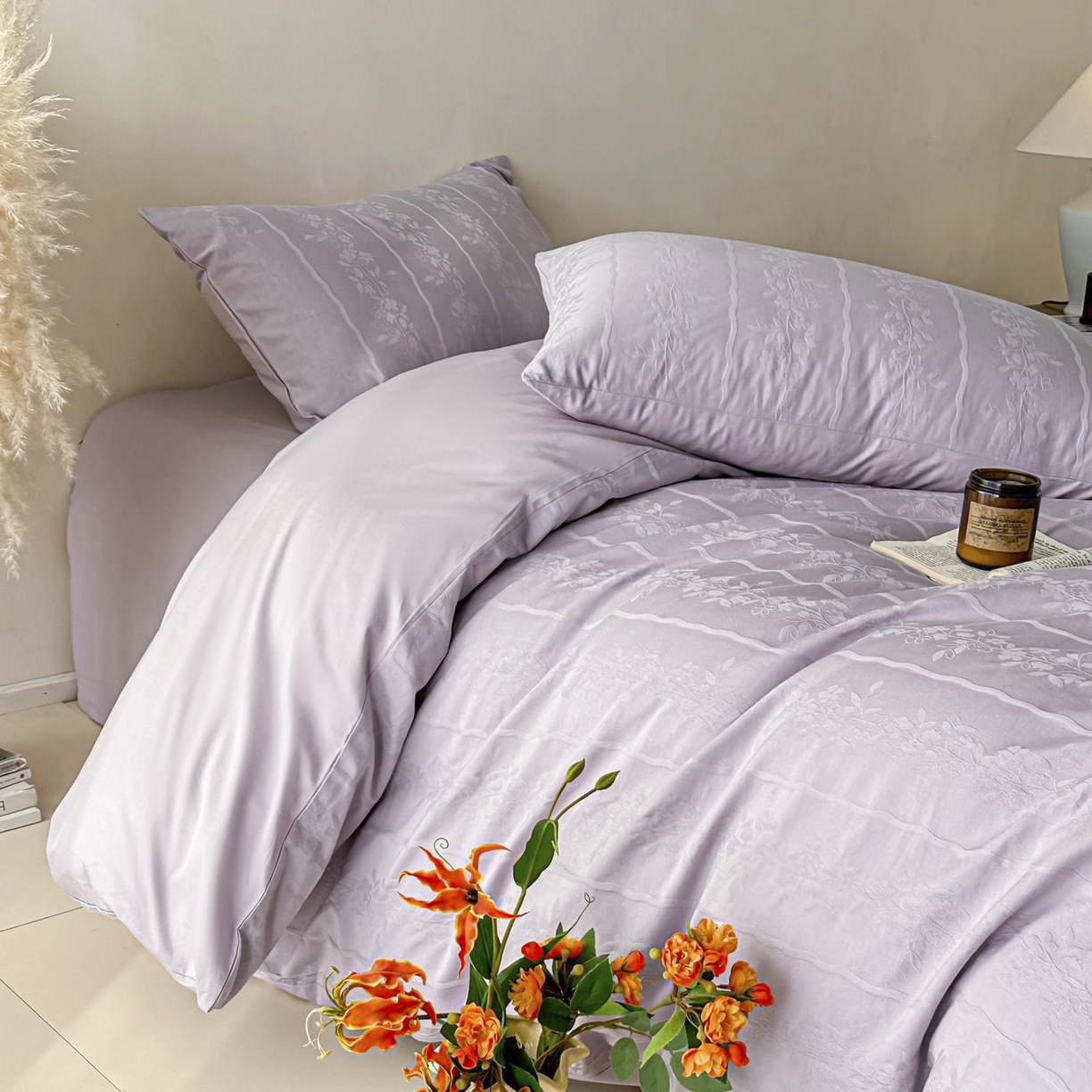 91家纺网 家纺一手货源 找家纺 眠博士 2026新款全棉纯棉水洗立体提花四件套 花间梦-紫