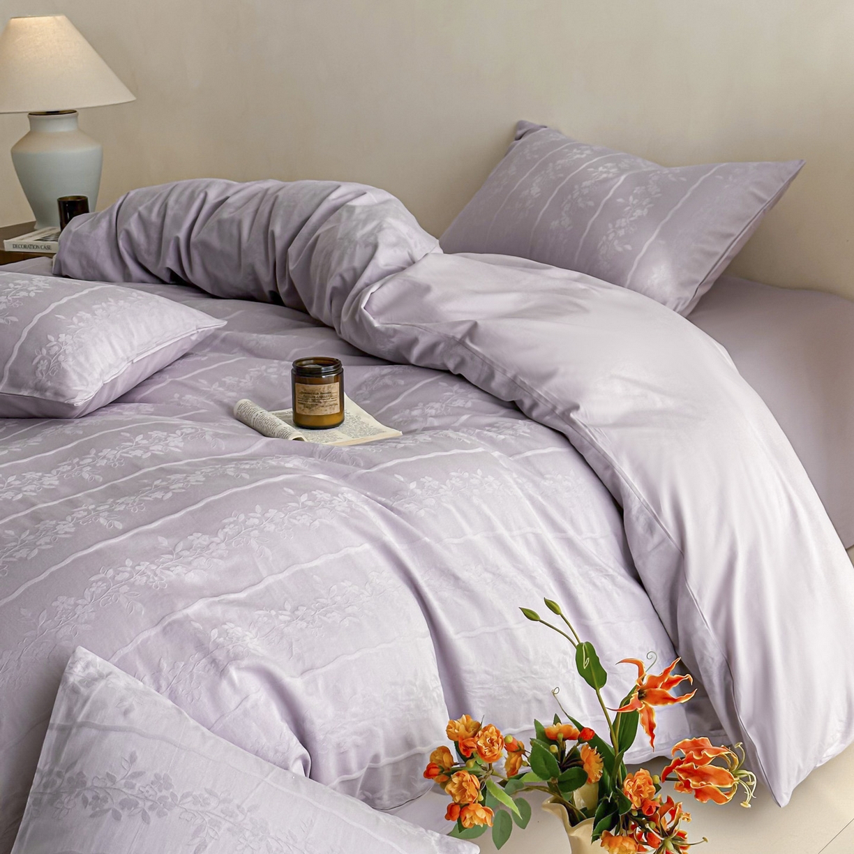 91家纺网 家纺一手货源 找家纺 眠博士 2026新款全棉纯棉水洗立体提花四件套 花间梦-紫