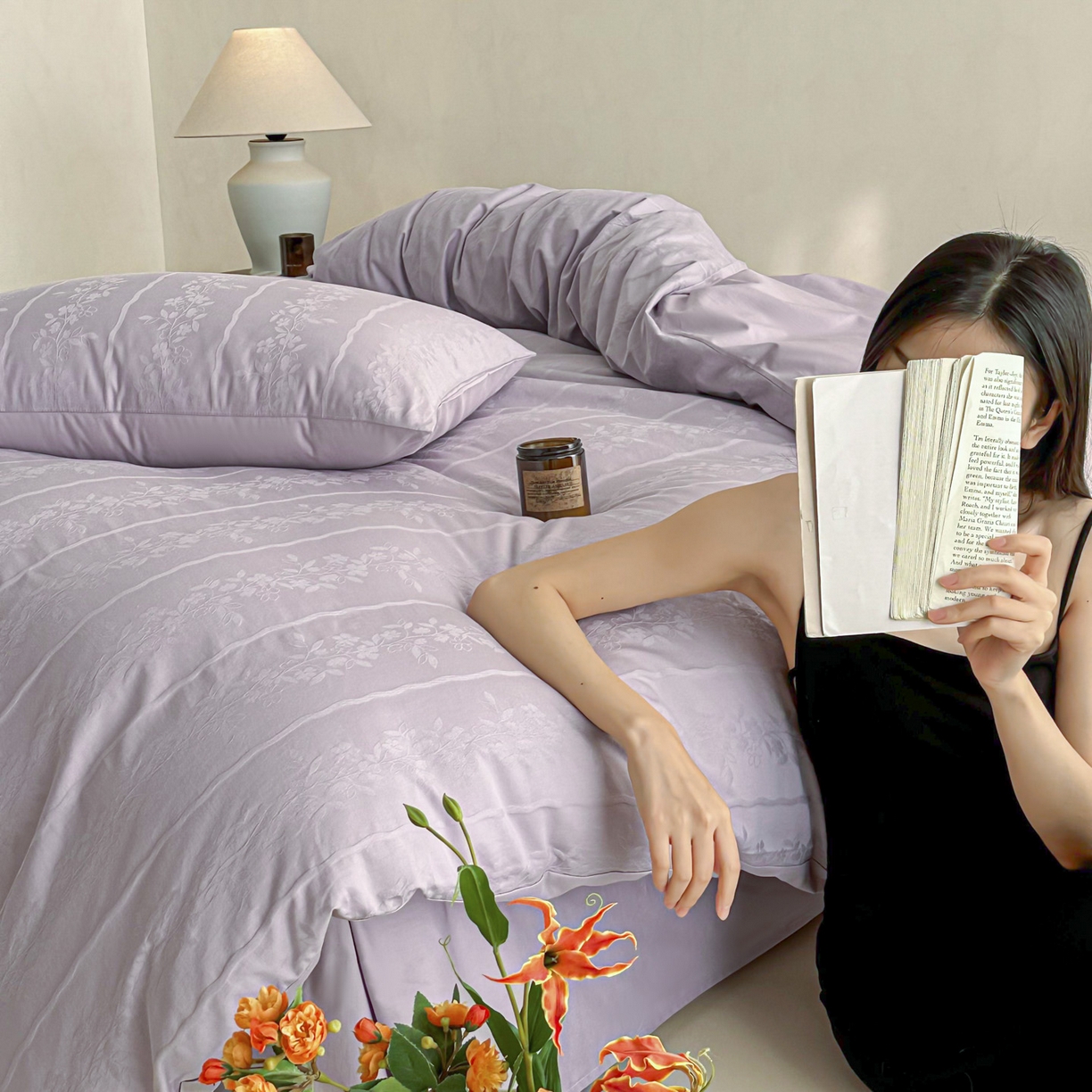 91家纺网 家纺一手货源 找家纺 眠博士 2026新款全棉纯棉水洗立体提花四件套 花间梦-紫