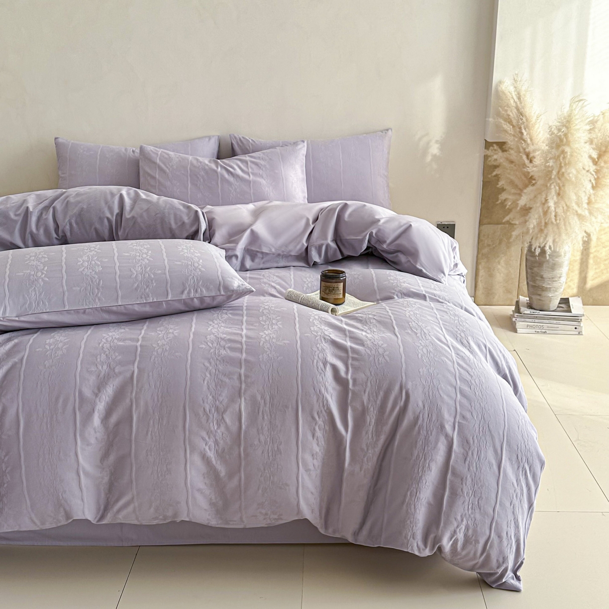 91家纺网 家纺一手货源 找家纺 眠博士 2026新款全棉纯棉水洗立体提花四件套 花间梦-紫