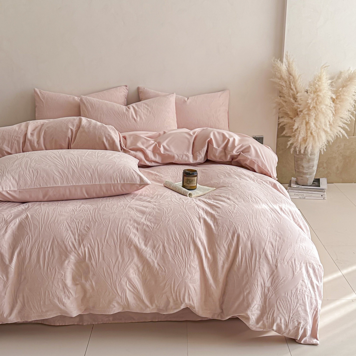 91家纺网 家纺一手货源 找家纺 眠博士 2026新款全棉纯棉水洗立体提花四件套 绵语-粉