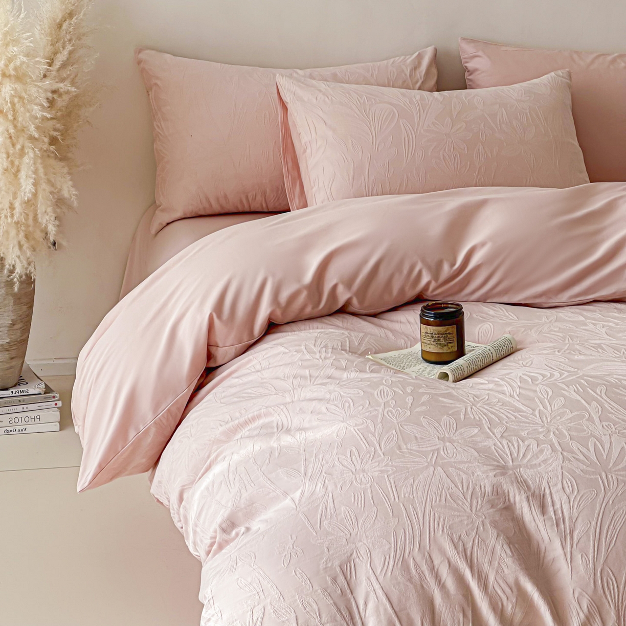 91家纺网 家纺一手货源 找家纺 眠博士 2026新款全棉纯棉水洗立体提花四件套 绵语-粉