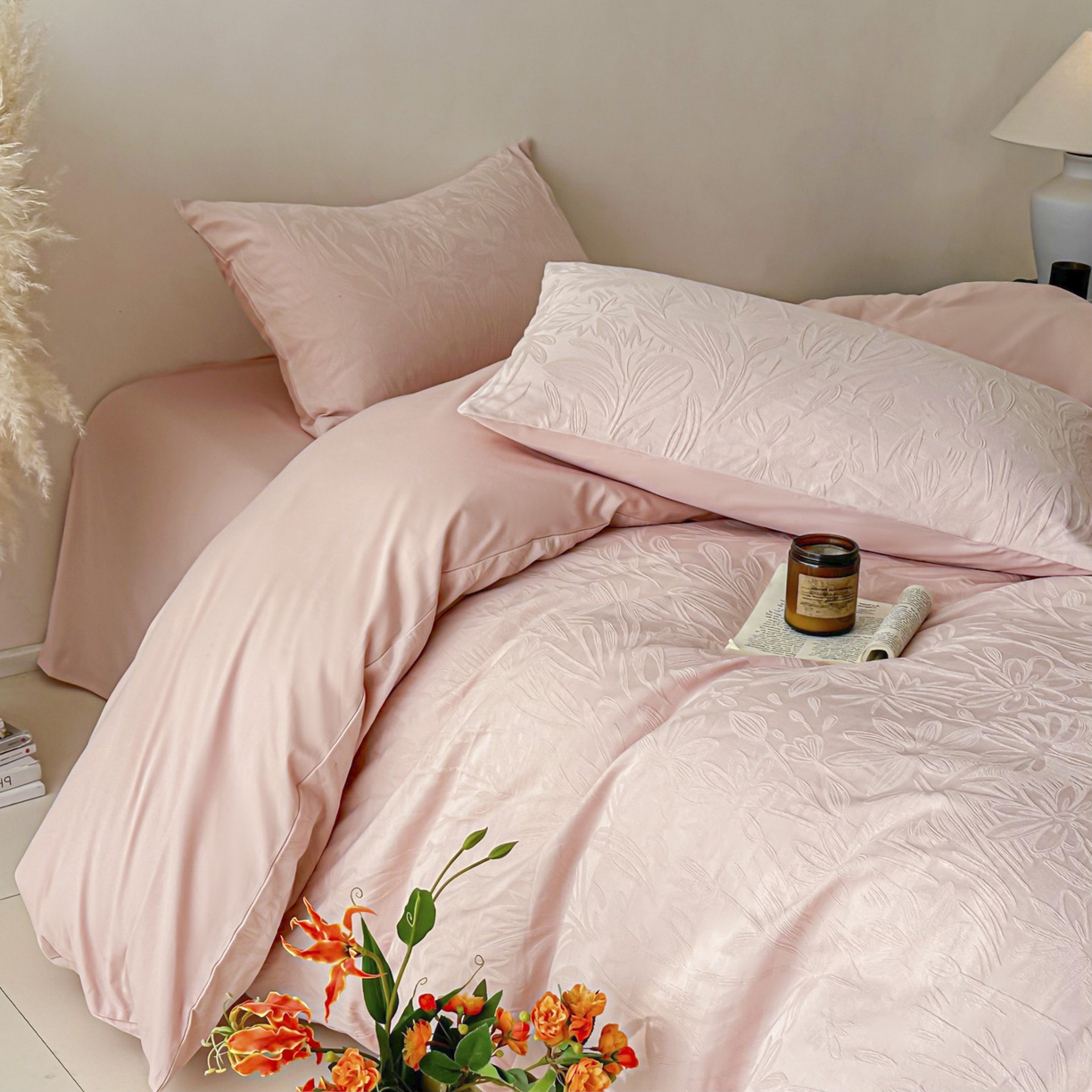 91家纺网 家纺一手货源 找家纺 眠博士 2026新款全棉纯棉水洗立体提花四件套 绵语-粉