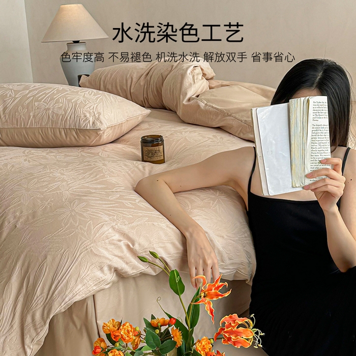 91家纺网 家纺一手货源 找家纺 眠博士 2026新款全棉纯棉水洗立体提花四件套 绵语-卡其