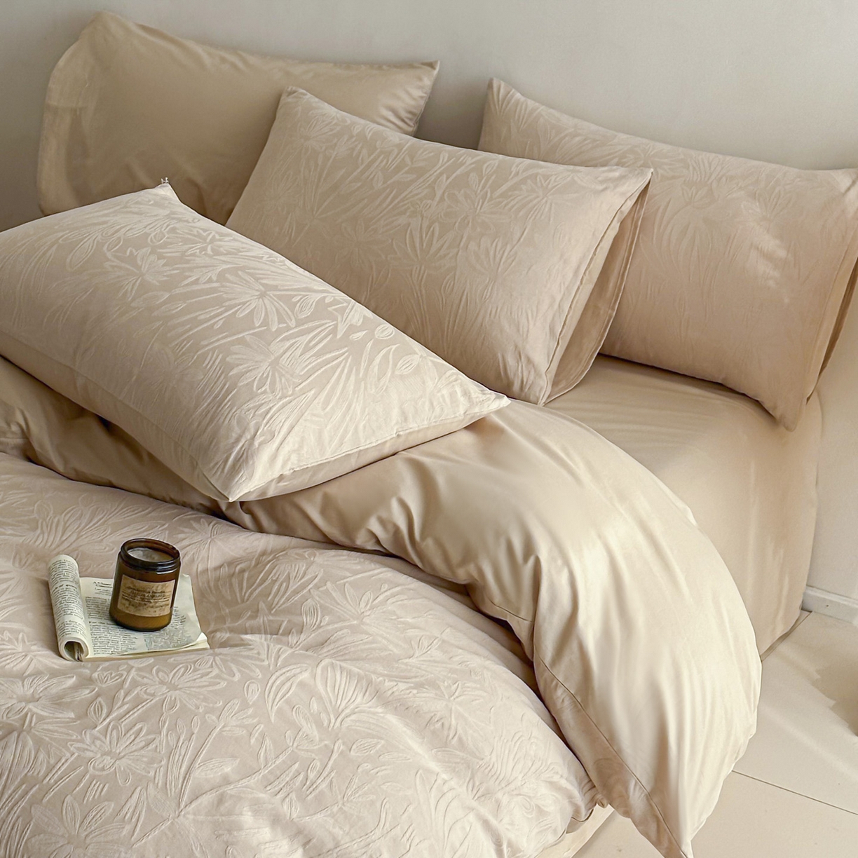 91家纺网 家纺一手货源 找家纺 眠博士 2026新款全棉纯棉水洗立体提花四件套 绵语-卡其