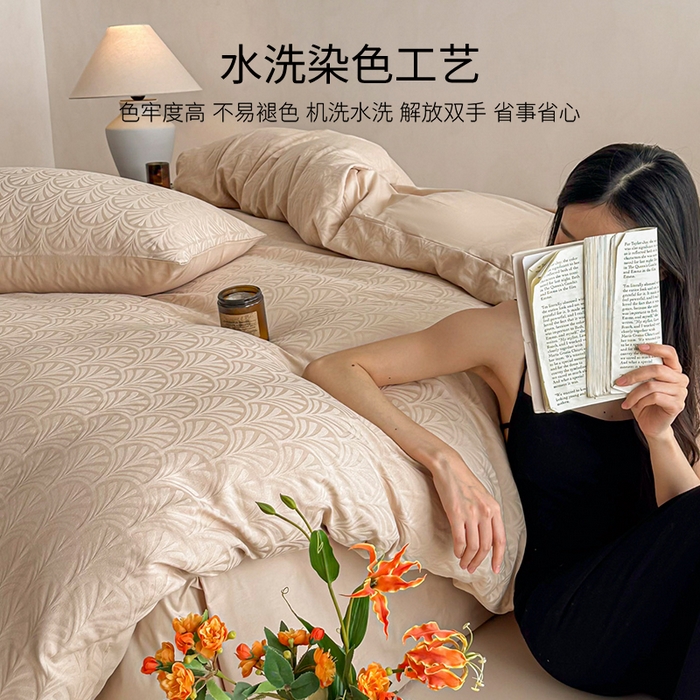 91家纺网 家纺一手货源 找家纺 眠博士 2026新款全棉纯棉水洗立体提花四件套 杏影-卡其