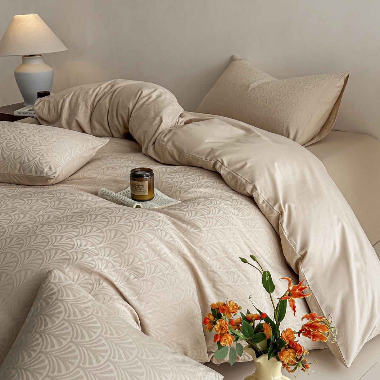 91家纺网 家纺一手货源 找家纺 眠博士 2026新款全棉纯棉水洗立体提花四件套 杏影-卡其