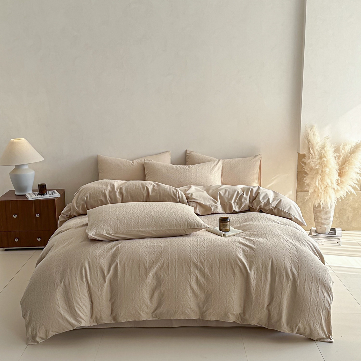 91家纺网 家纺一手货源 找家纺 眠博士 2026新款全棉纯棉水洗立体提花四件套 杏影-卡其