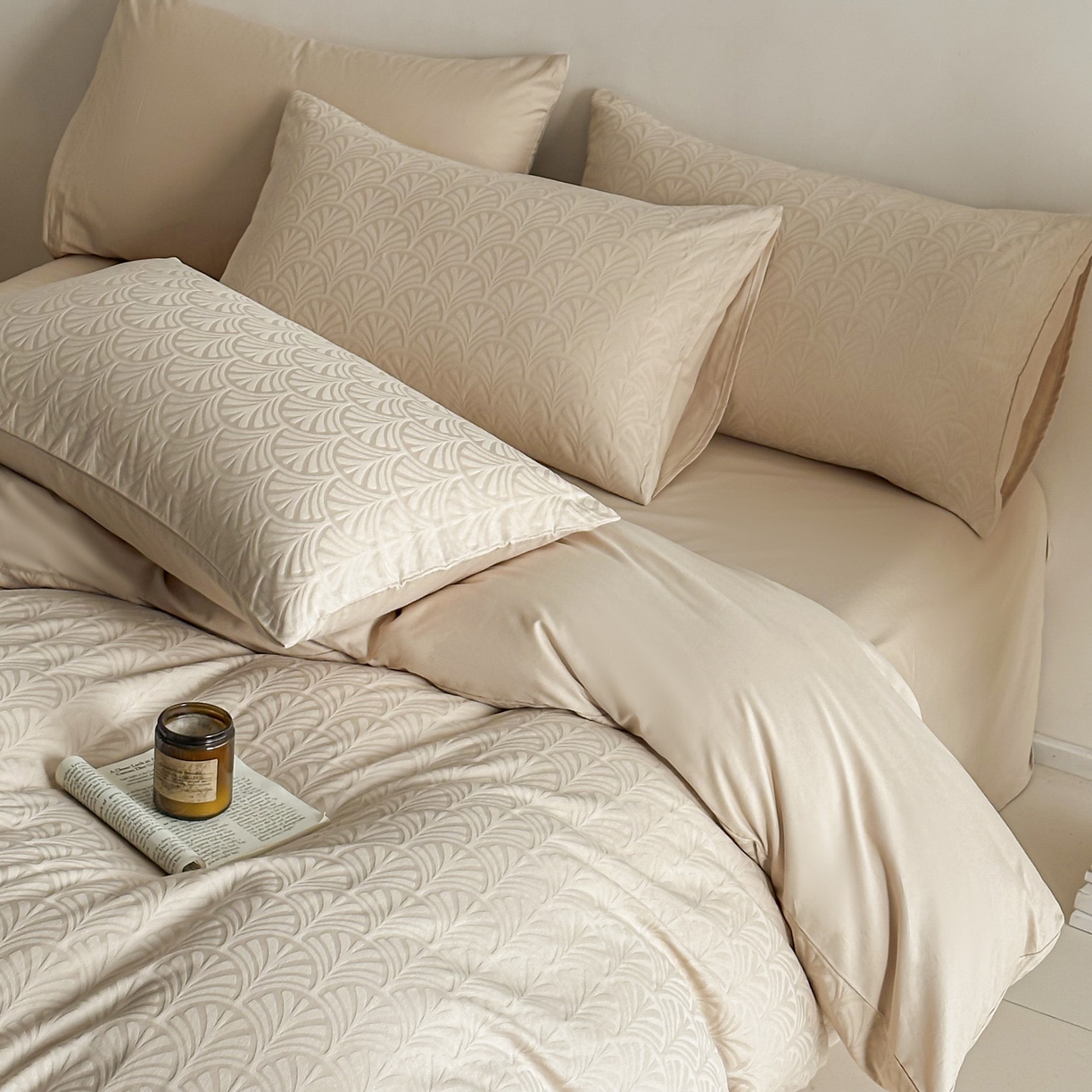 91家纺网 家纺一手货源 找家纺 眠博士 2026新款全棉纯棉水洗立体提花四件套 杏影-卡其