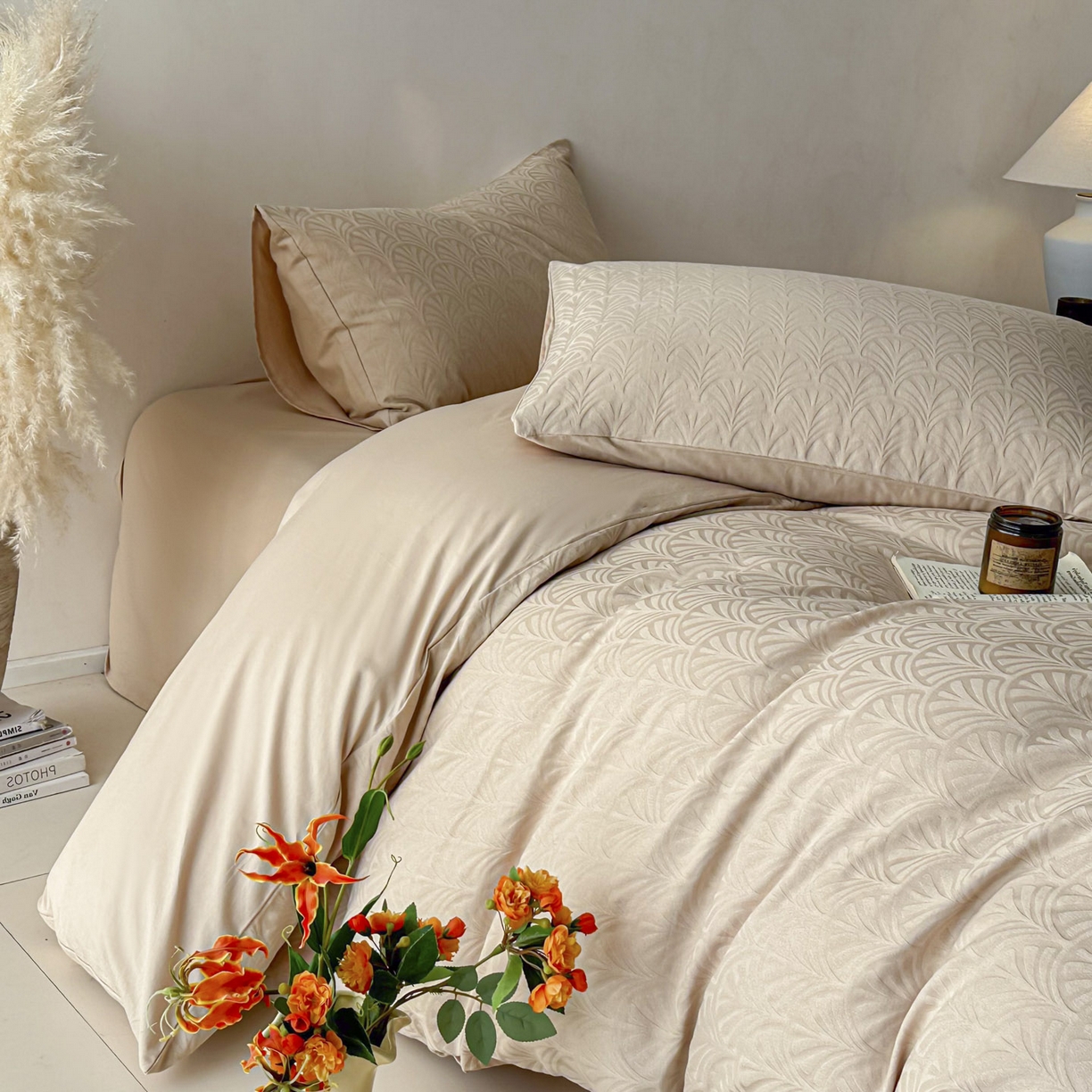 91家纺网 家纺一手货源 找家纺 眠博士 2026新款全棉纯棉水洗立体提花四件套 杏影-卡其