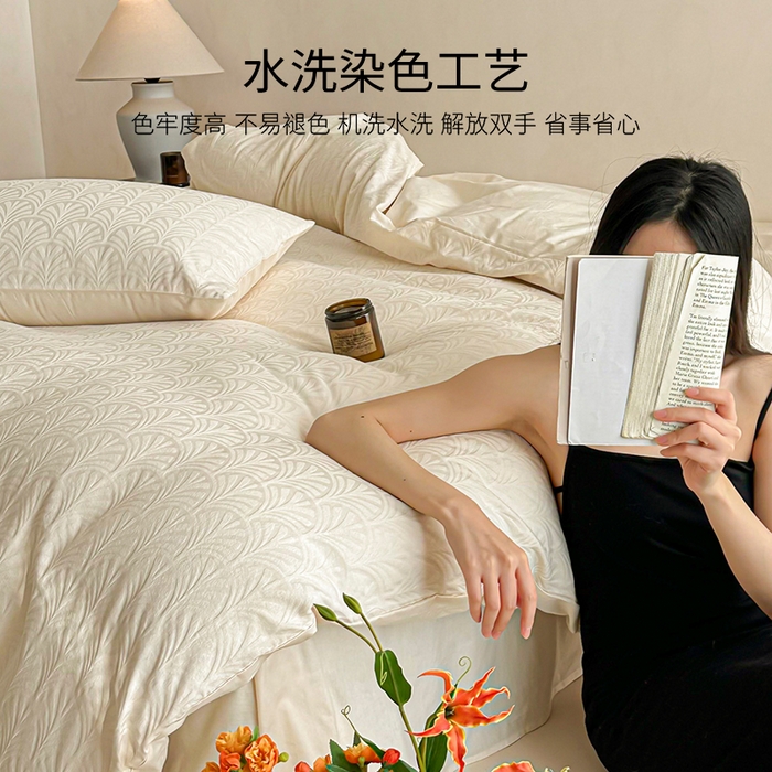 91家纺网 家纺一手货源 找家纺 眠博士 2026新款全棉纯棉水洗立体提花四件套 杏影-奶白