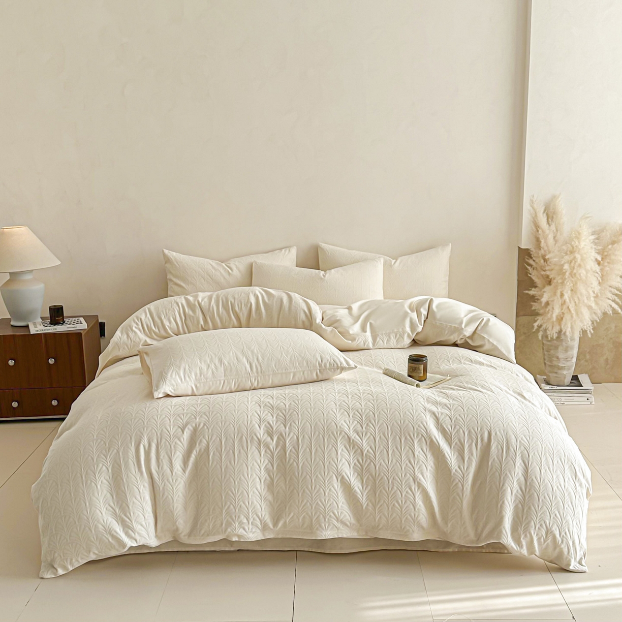 91家纺网 家纺一手货源 找家纺 眠博士 2026新款全棉纯棉水洗立体提花四件套 杏影-奶白