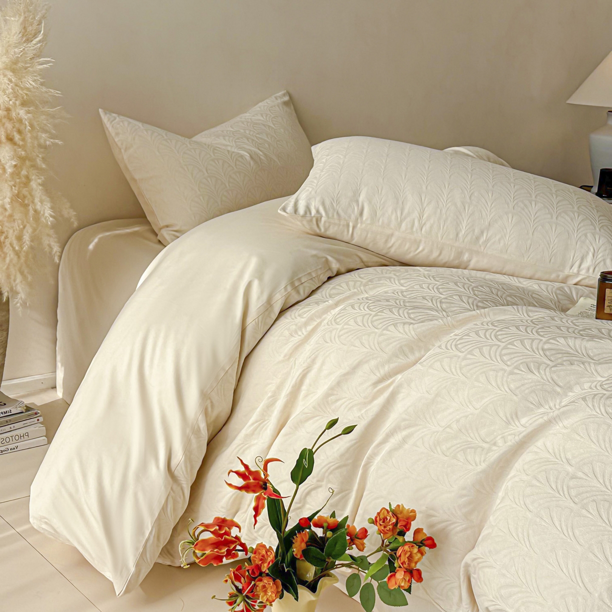 91家纺网 家纺一手货源 找家纺 眠博士 2026新款全棉纯棉水洗立体提花四件套 杏影-奶白