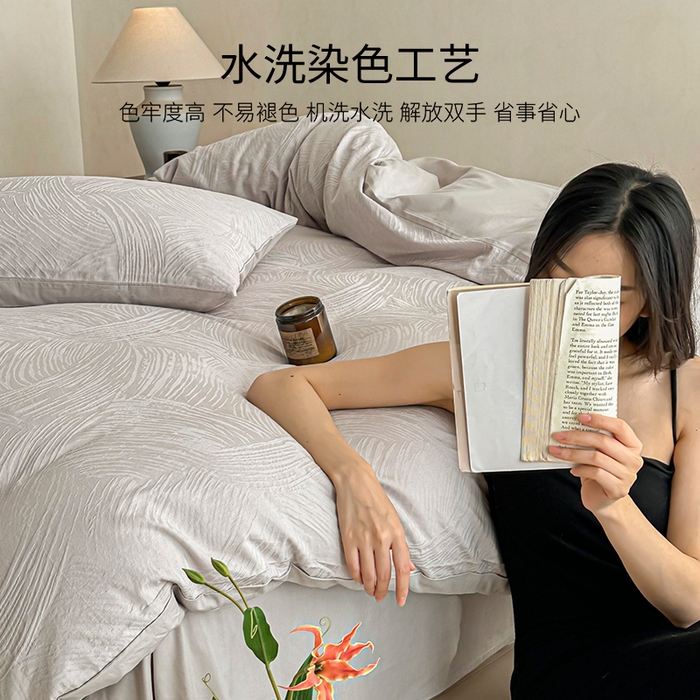 91家纺网 家纺一手货源 找家纺 眠博士 2026新款全棉纯棉水洗立体提花四件套 月岛弥生-灰