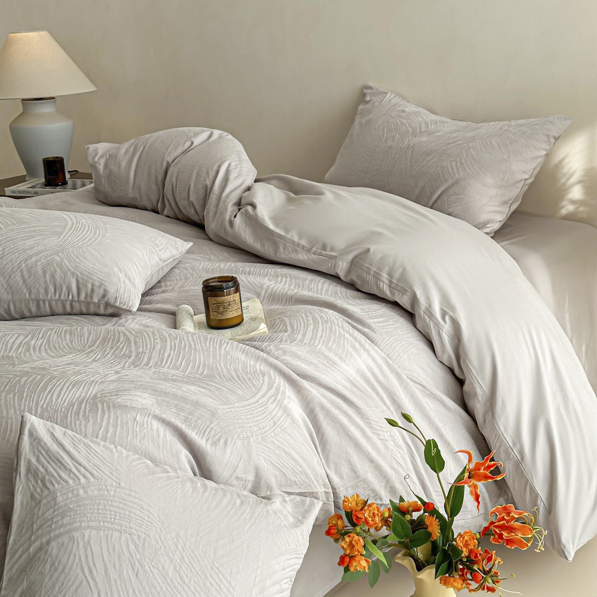 91家纺网 家纺一手货源 找家纺 眠博士 2026新款全棉纯棉水洗立体提花四件套 月岛弥生-灰