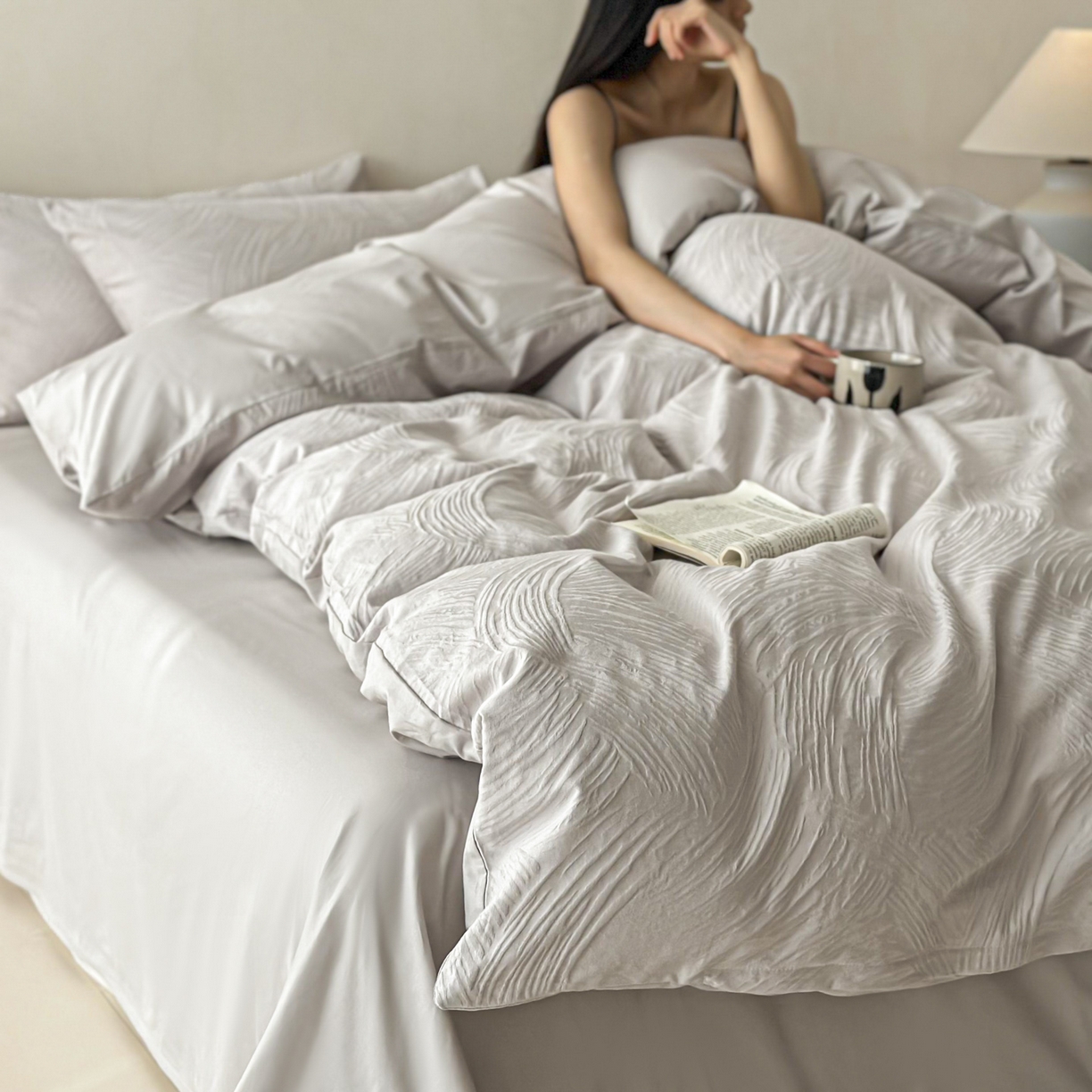 91家纺网 家纺一手货源 找家纺 眠博士 2026新款全棉纯棉水洗立体提花四件套 月岛弥生-灰