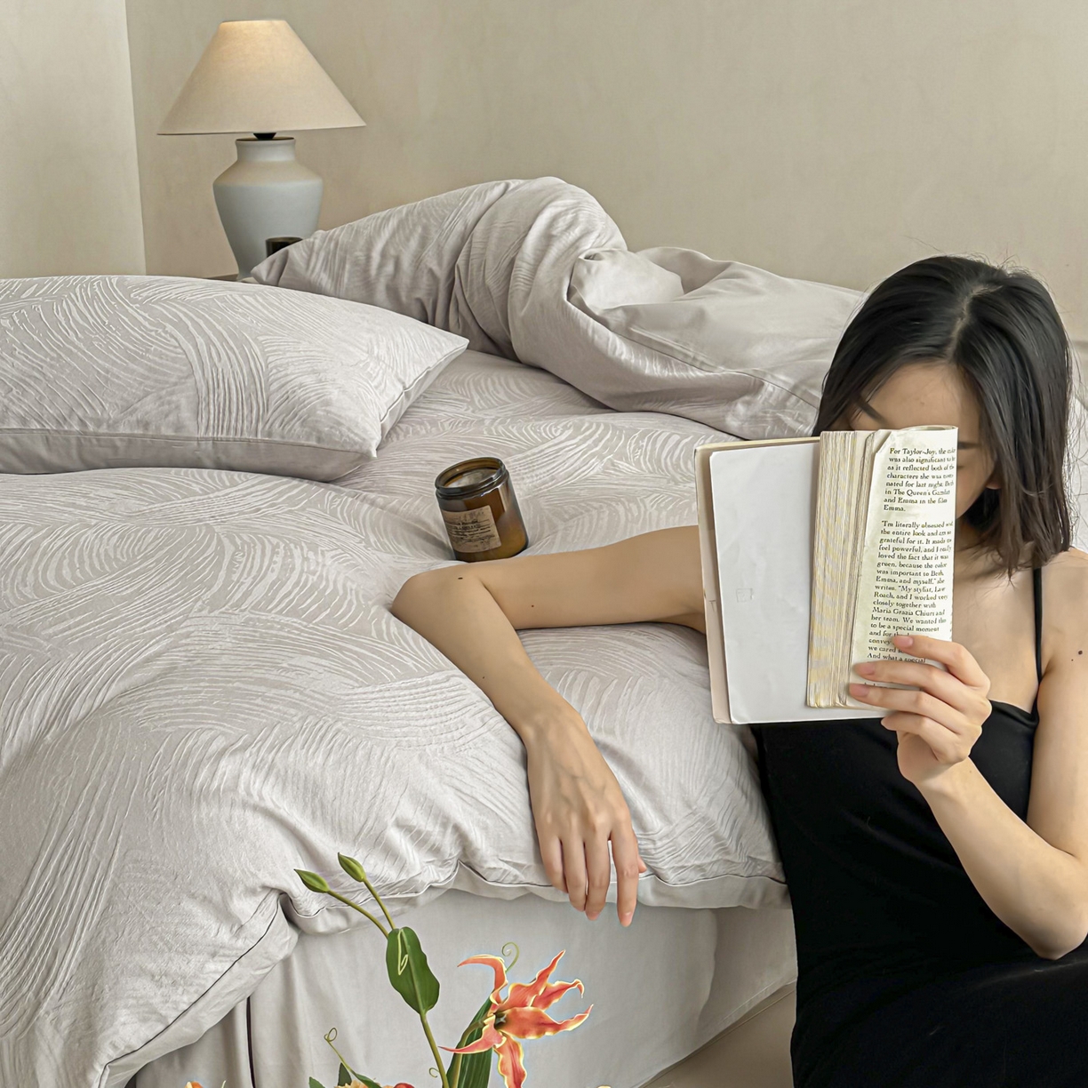 91家纺网 家纺一手货源 找家纺 眠博士 2026新款全棉纯棉水洗立体提花四件套 月岛弥生-灰