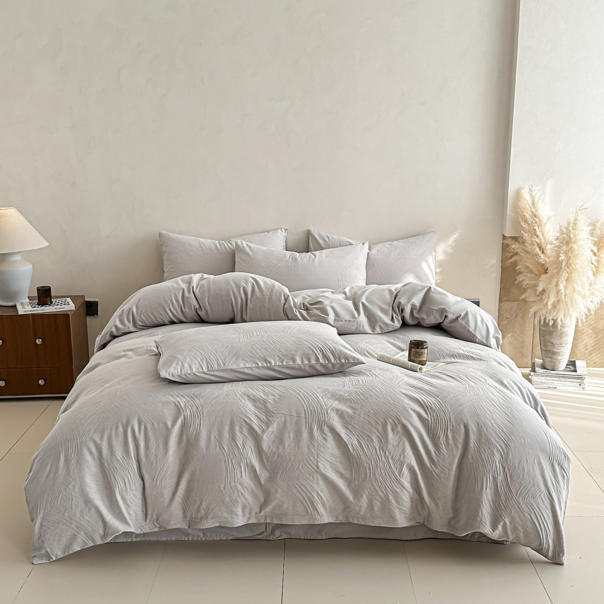 91家纺网 家纺一手货源 找家纺 眠博士 2026新款全棉纯棉水洗立体提花四件套 月岛弥生-灰