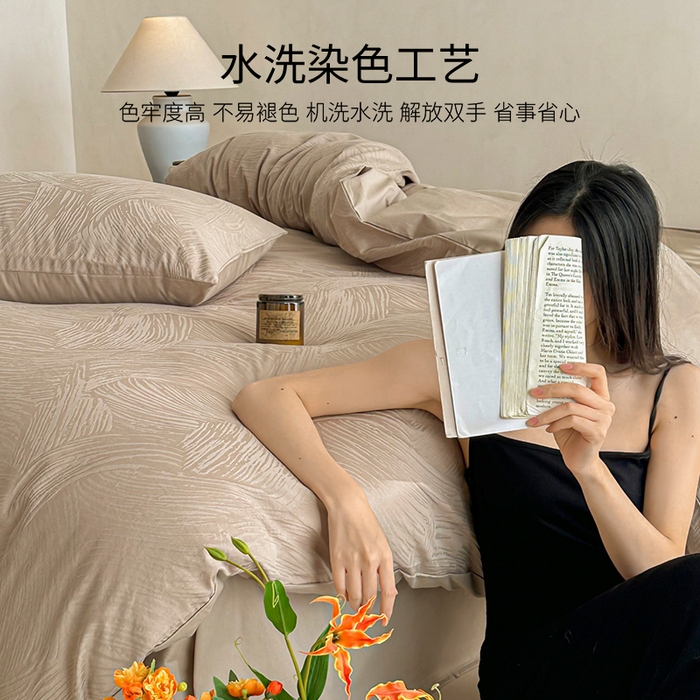 91家纺网 家纺一手货源 找家纺 眠博士 2026新款全棉纯棉水洗立体提花四件套 月岛弥生-杏