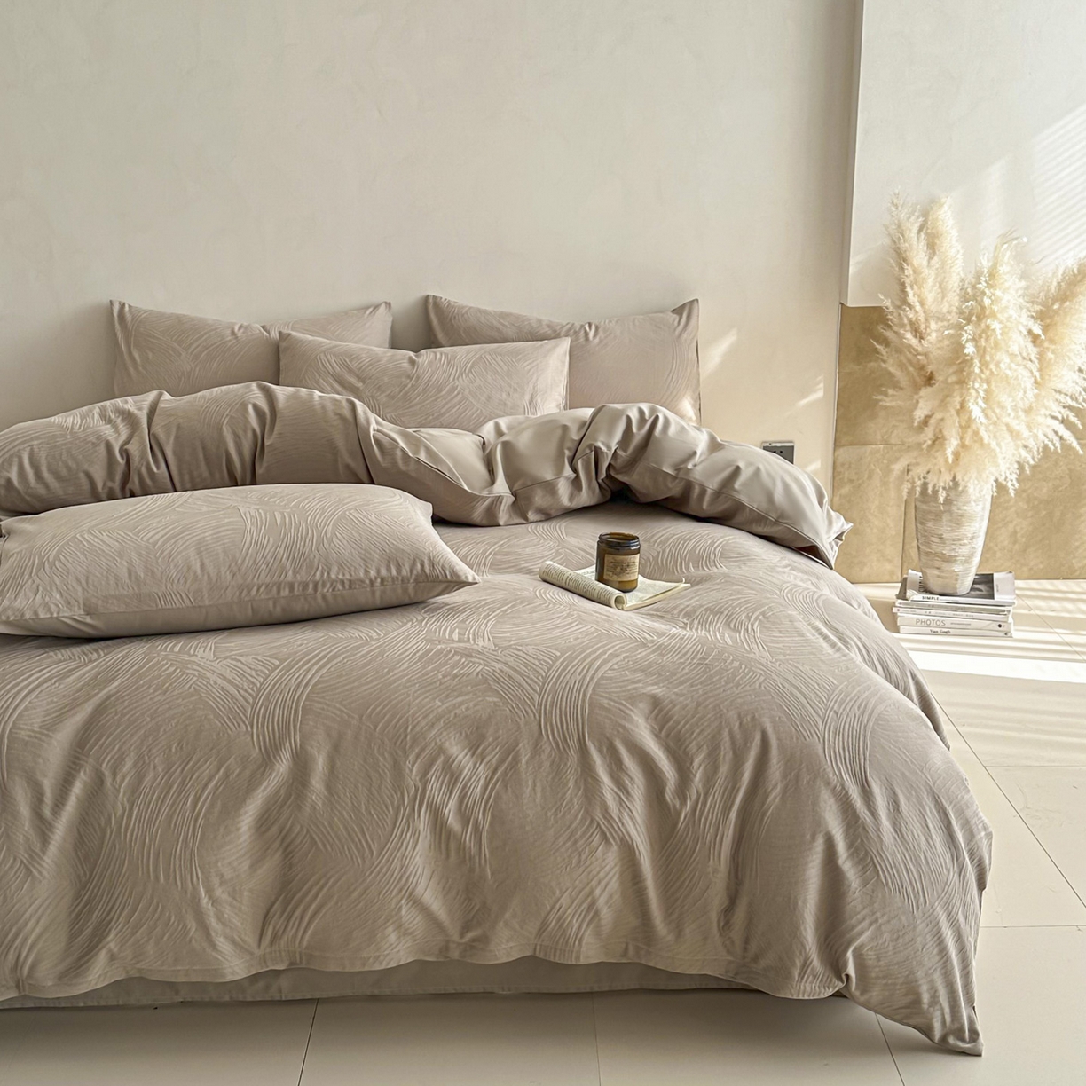 91家纺网 家纺一手货源 找家纺 眠博士 2026新款全棉纯棉水洗立体提花四件套 月岛弥生-杏