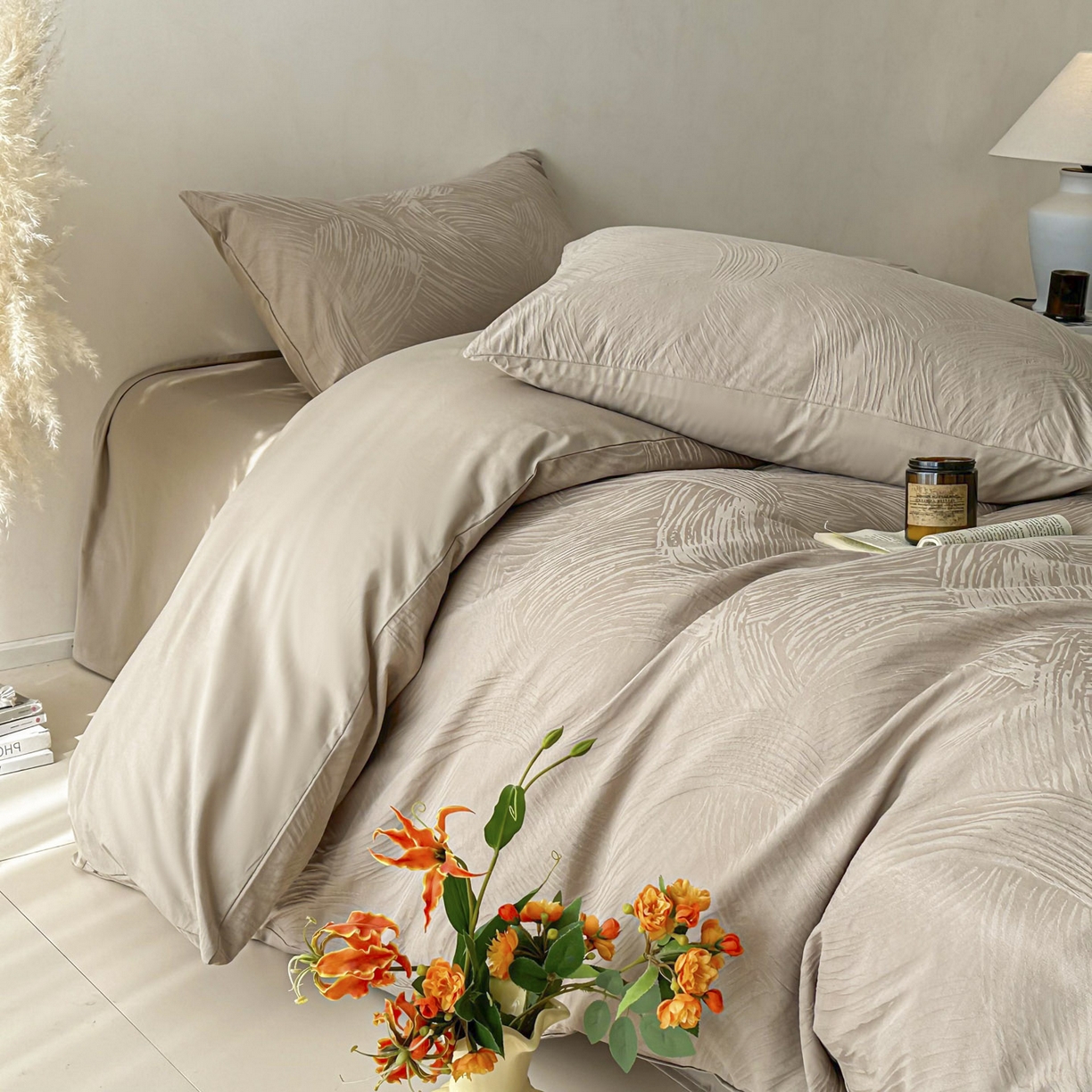 91家纺网 家纺一手货源 找家纺 眠博士 2026新款全棉纯棉水洗立体提花四件套 月岛弥生-杏