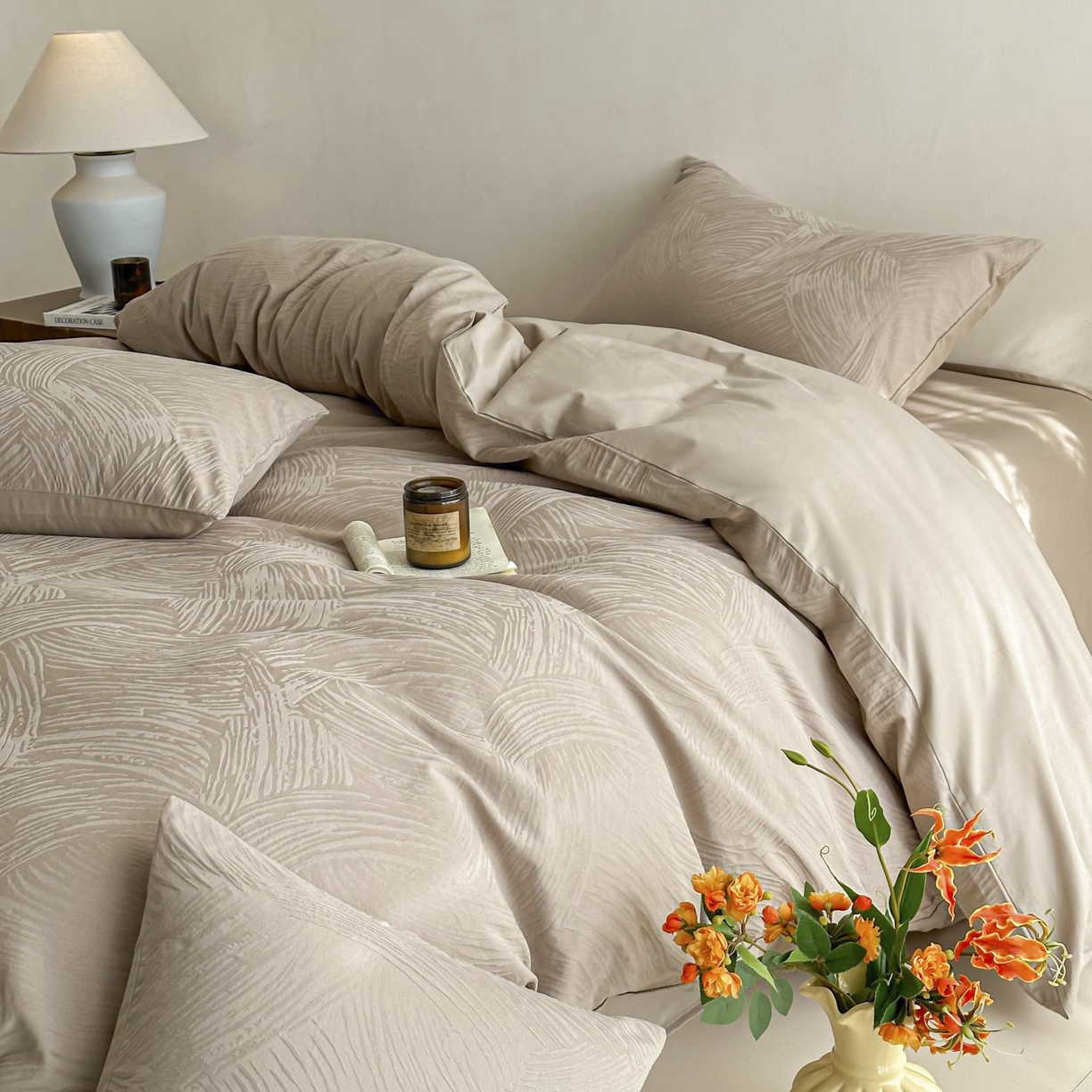 91家纺网 家纺一手货源 找家纺 眠博士 2026新款全棉纯棉水洗立体提花四件套 月岛弥生-杏