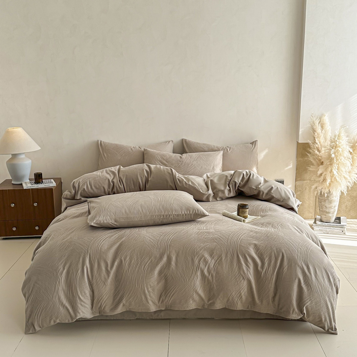 91家纺网 家纺一手货源 找家纺 眠博士 2026新款全棉纯棉水洗立体提花四件套 月岛弥生-杏