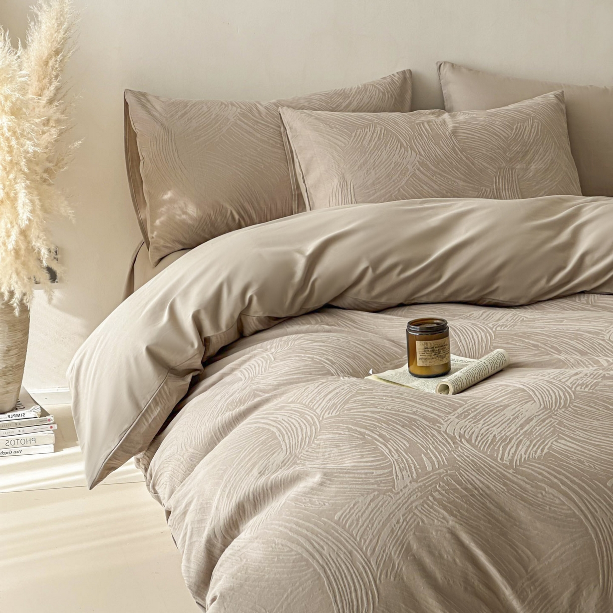 91家纺网 家纺一手货源 找家纺 眠博士 2026新款全棉纯棉水洗立体提花四件套 月岛弥生-杏