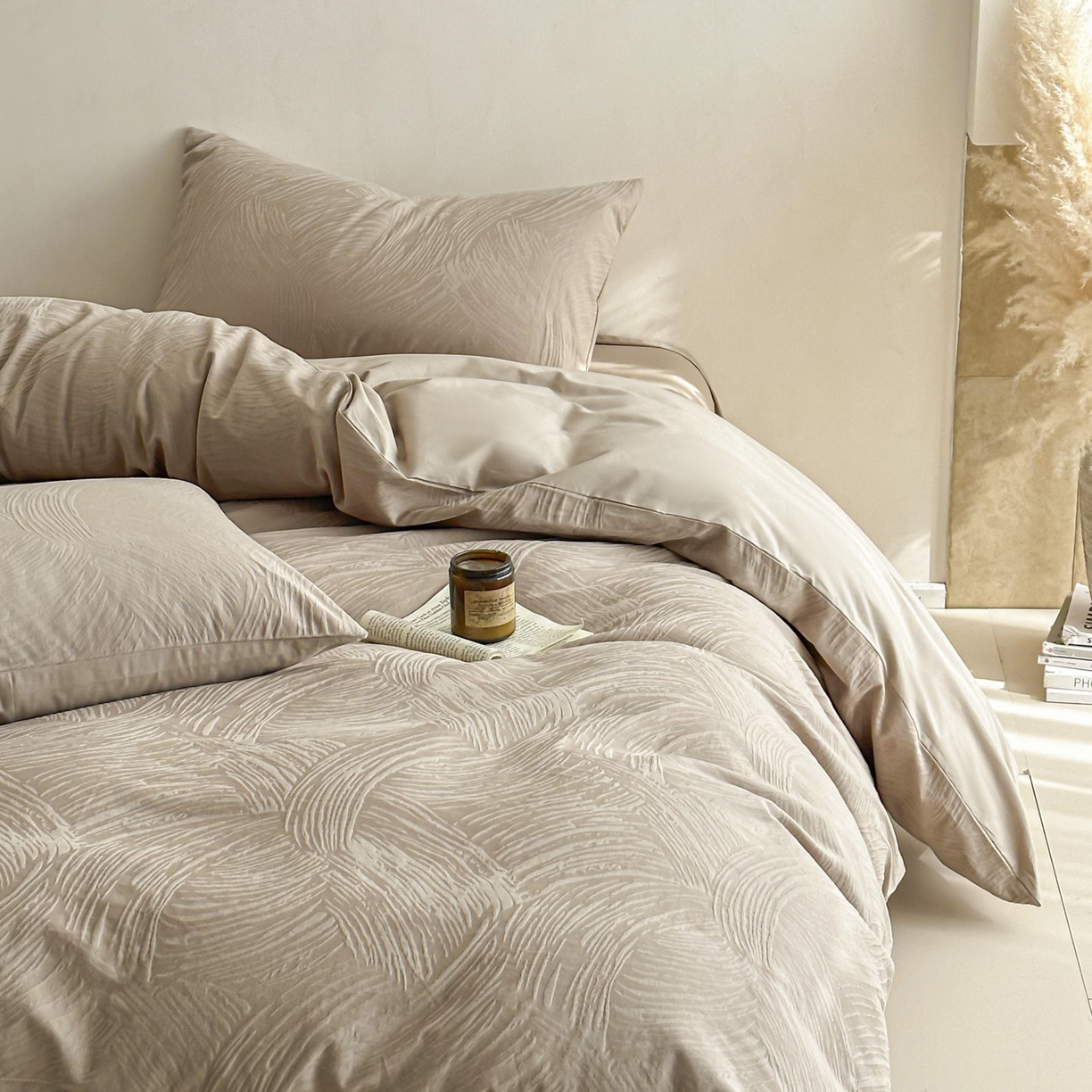 91家纺网 家纺一手货源 找家纺 眠博士 2026新款全棉纯棉水洗立体提花四件套 月岛弥生-杏