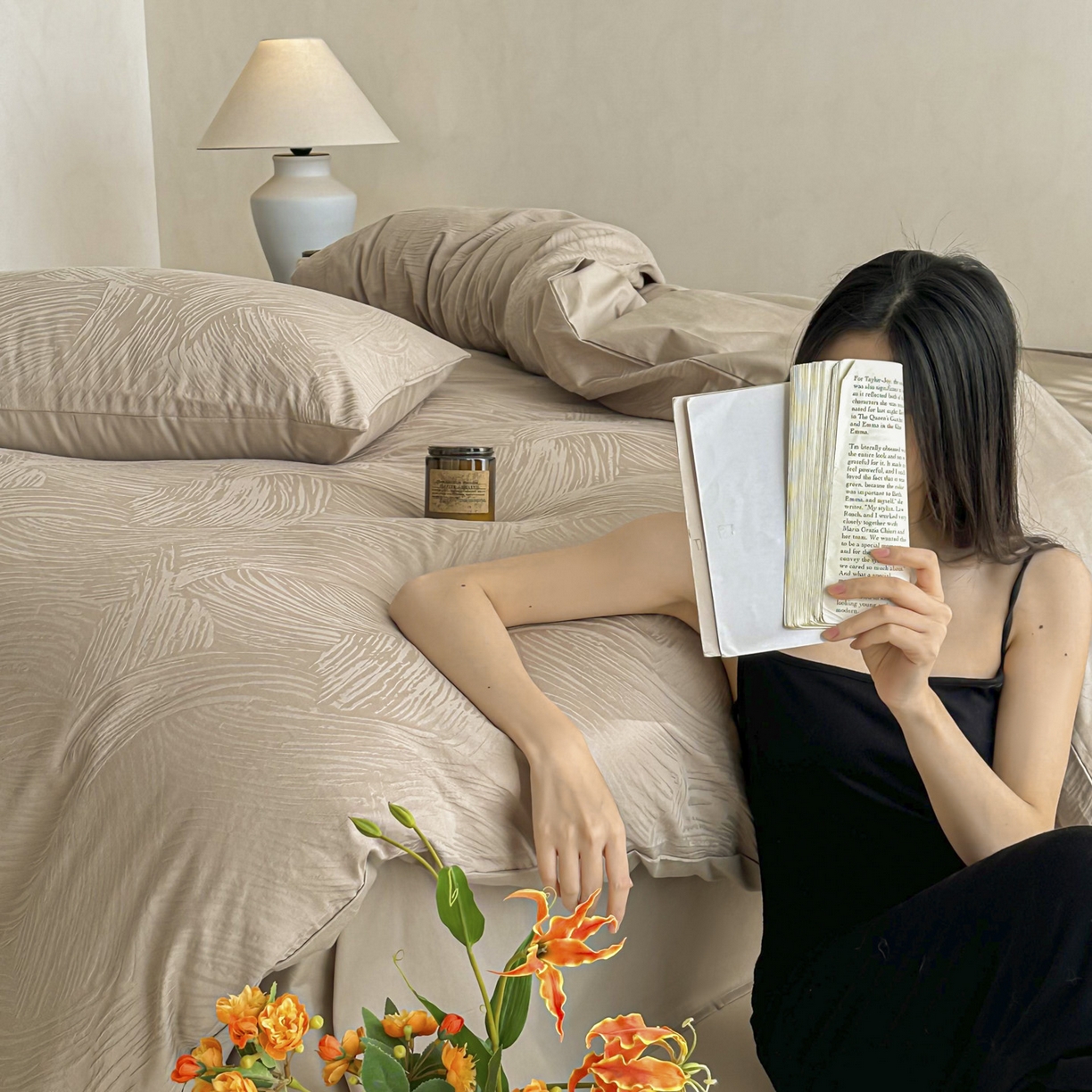 91家纺网 家纺一手货源 找家纺 眠博士 2026新款全棉纯棉水洗立体提花四件套 月岛弥生-杏