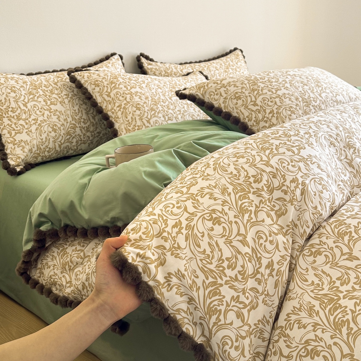 91家纺网 家纺一手货源 找家纺 （总）羚羊语家纺 2026新款全棉毛球款四件套40支纯棉轻奢13372小清新喷气印花四件套被套床单床笠三件套