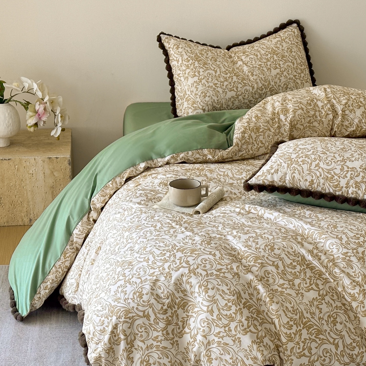 91家纺网 家纺一手货源 找家纺 （总）羚羊语家纺 2026新款全棉毛球款四件套40支纯棉轻奢13372小清新喷气印花四件套被套床单床笠三件套