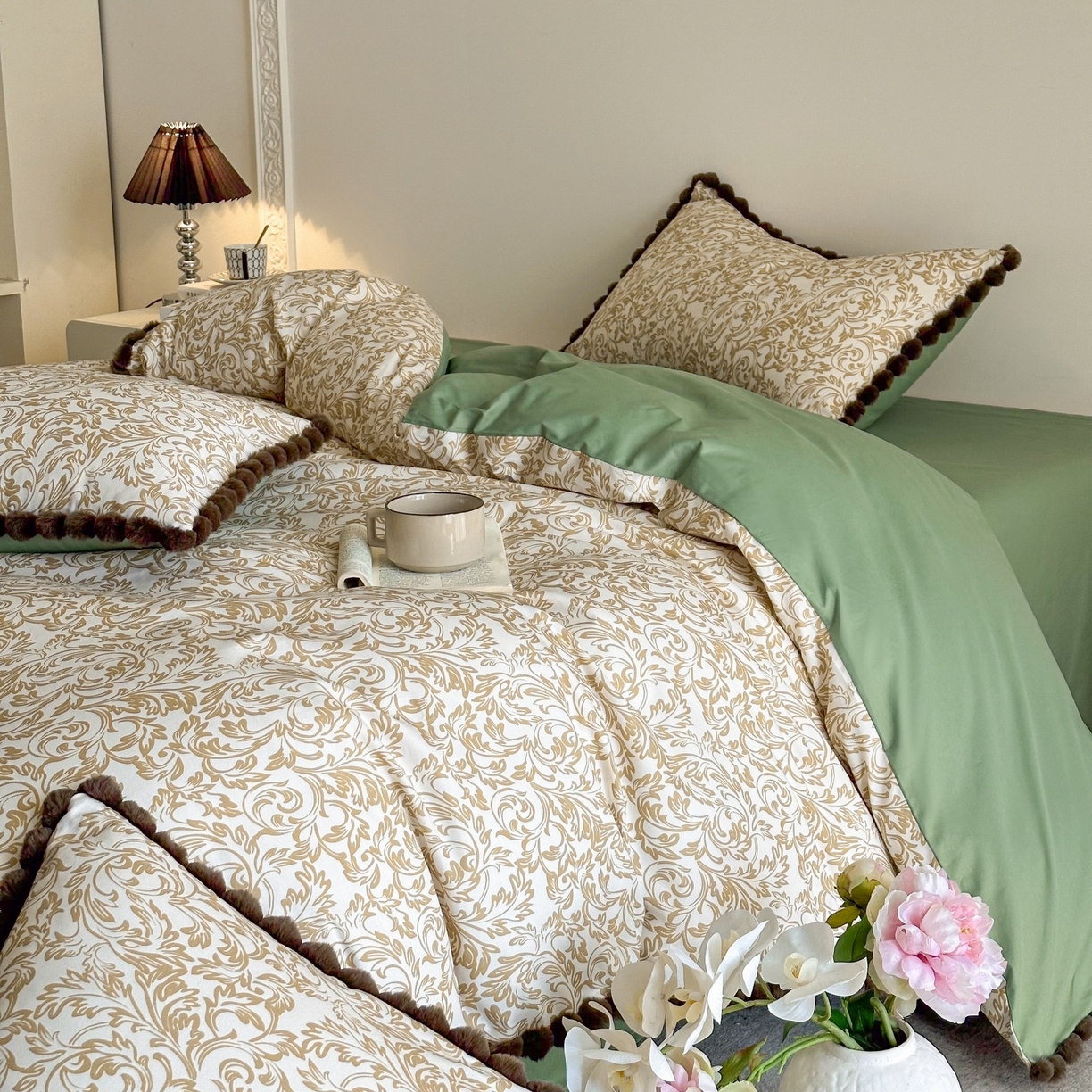 91家纺网 家纺一手货源 找家纺 羚羊语家纺 2026新款全棉毛球款四件套40支纯棉轻奢13372小清新喷气印花四件套被套床单床笠三件套 莫松染Pro