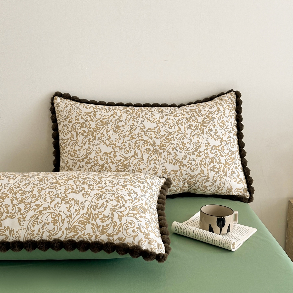 91家纺网 家纺一手货源 找家纺 羚羊语家纺 2026新款全棉毛球款四件套40支纯棉轻奢13372小清新喷气印花四件套被套床单床笠三件套 莫松染Pro