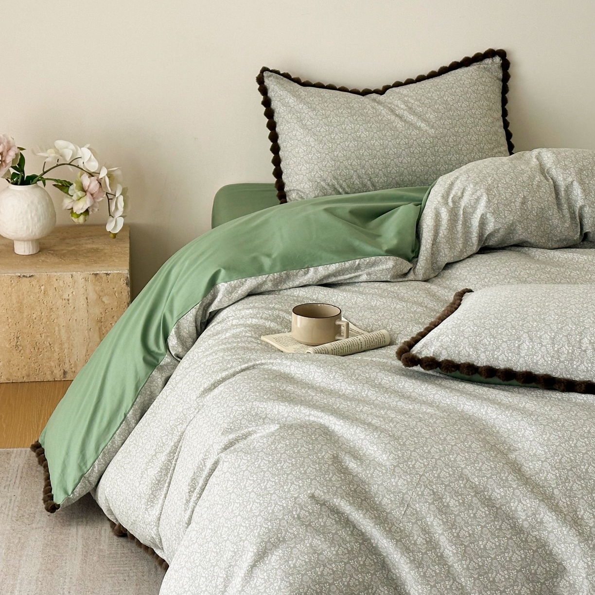 91家纺网 家纺一手货源 找家纺 羚羊语家纺 2026新款全棉毛球款四件套40支纯棉轻奢13372小清新喷气印花四件套被套床单床笠三件套 浮世绘