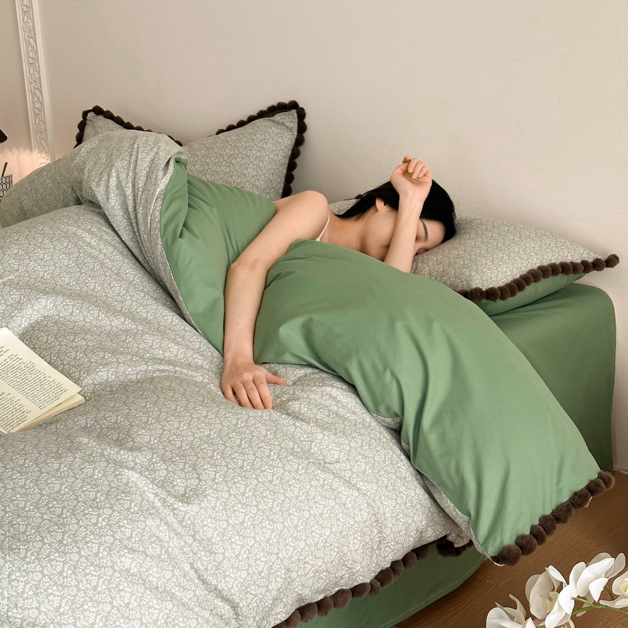 91家纺网 家纺一手货源 找家纺 羚羊语家纺 2026新款全棉毛球款四件套40支纯棉轻奢13372小清新喷气印花四件套被套床单床笠三件套 浮世绘