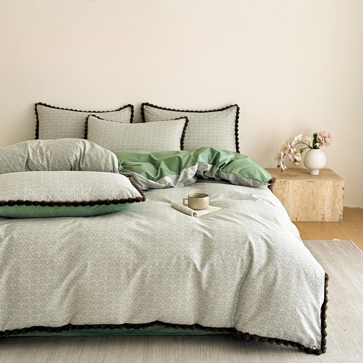 91家纺网 家纺一手货源 找家纺 羚羊语家纺 2026新款全棉毛球款四件套40支纯棉轻奢13372小清新喷气印花四件套被套床单床笠三件套 浮世绘