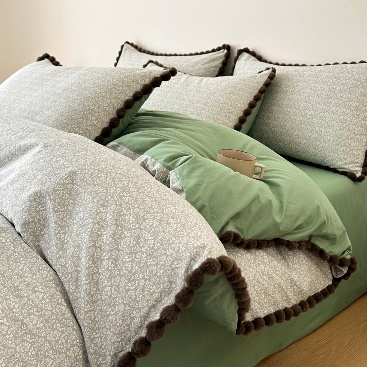 91家纺网 家纺一手货源 找家纺 羚羊语家纺 2026新款全棉毛球款四件套40支纯棉轻奢13372小清新喷气印花四件套被套床单床笠三件套 浮世绘