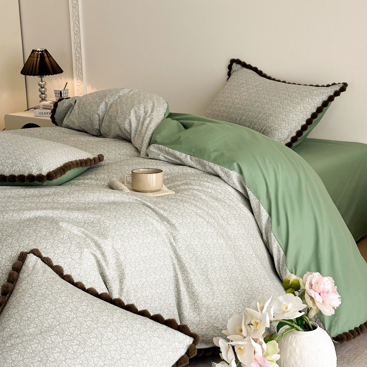 91家纺网 家纺一手货源 找家纺 羚羊语家纺 2026新款全棉毛球款四件套40支纯棉轻奢13372小清新喷气印花四件套被套床单床笠三件套 浮世绘