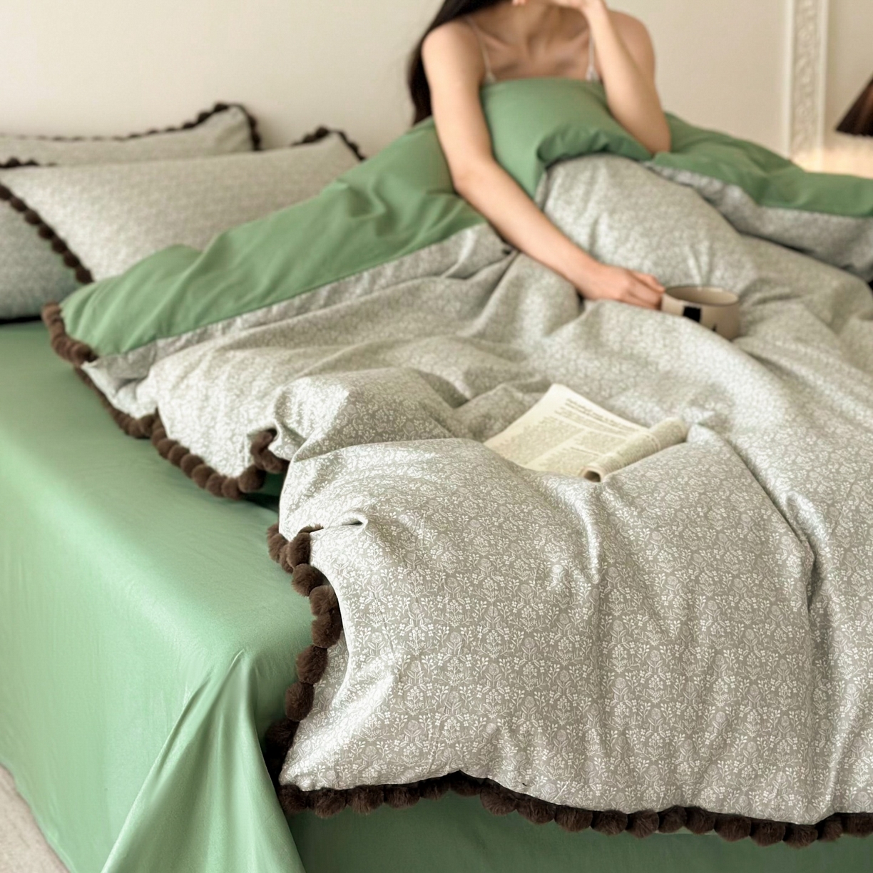 91家纺网 家纺一手货源 找家纺 羚羊语家纺 2026新款全棉毛球款四件套40支纯棉轻奢13372小清新喷气印花四件套被套床单床笠三件套 浮世绘