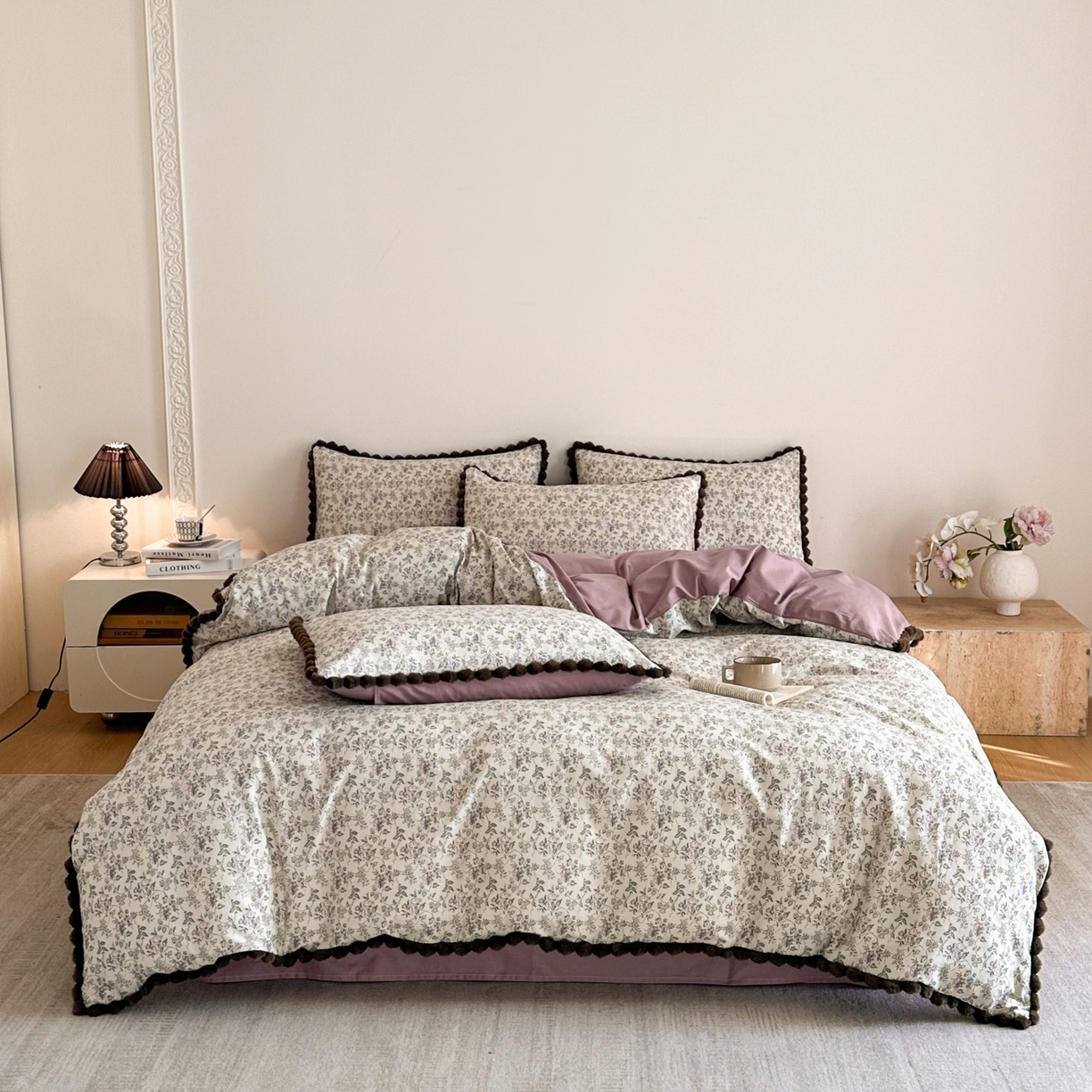 91家纺网 家纺一手货源 找家纺 羚羊语家纺 2026新款全棉毛球款四件套40支纯棉轻奢13372小清新喷气印花四件套被套床单床笠三件套 浣纱记