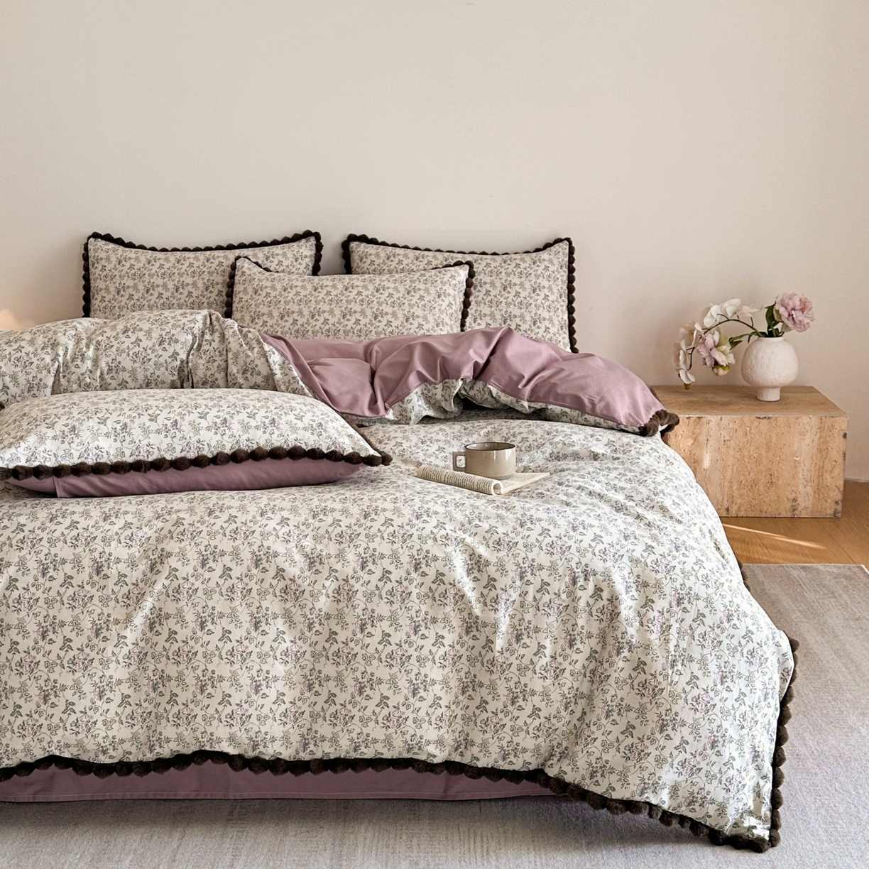 91家纺网 家纺一手货源 找家纺 羚羊语家纺 2026新款全棉毛球款四件套40支纯棉轻奢13372小清新喷气印花四件套被套床单床笠三件套 浣纱记